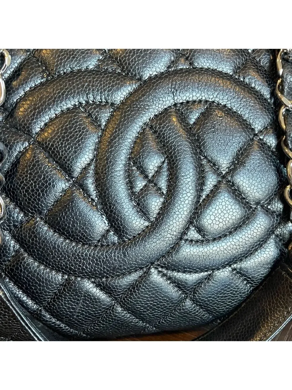 CHANEL Black Quilted Caviar Leather Tote with Interlocking CC